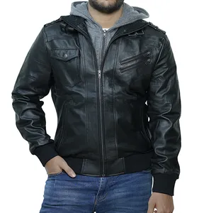 Men's Black Leather Bomber Jacket with Removable Hood