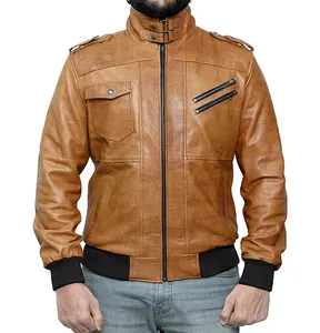 Men's Brown Leather Bomber Jacket with Removable Hood