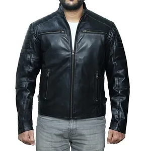 Men's Cafe Racer Zip-Up Quilted Leather Biker Jacket