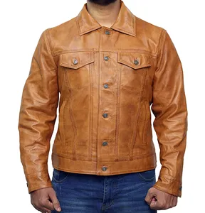 Men’s Camel Brown Genuine Leather Trucker Jacket