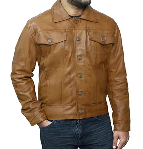 Men's Camel Brown Slim Fit Trucker Leather Jacket