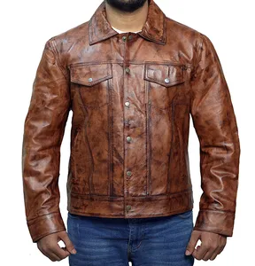 Men's Dark Brown Trucker Genuine Leather Jacket