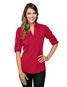 Tri-Mountain Lilac Bloom LB756 Women 3.5 oz 70% polyester/27% nylon/3% spandex long sleeve woven pullover shirt.