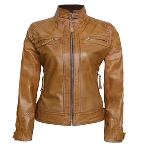 Women's Camel Brown Cafe Racer Motorcycle Genuine Leather Jacket