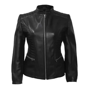 Women's Quilted Zip-Up Long Sleeve Black Leather Biker Jacket