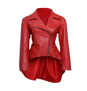 Women's Asymmetrical Red Peplum Leather Jacket