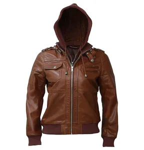 Women's Brown Genuine Leather Motorcycle Jacket with Removable Hood