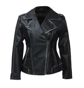 Women's Two-way Long Sleeve Zip Up Back Design Leather Biker Jacket